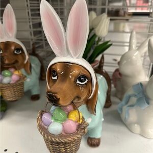 Easter Bunny dachshund Dog Figurine with Pastel Eggs